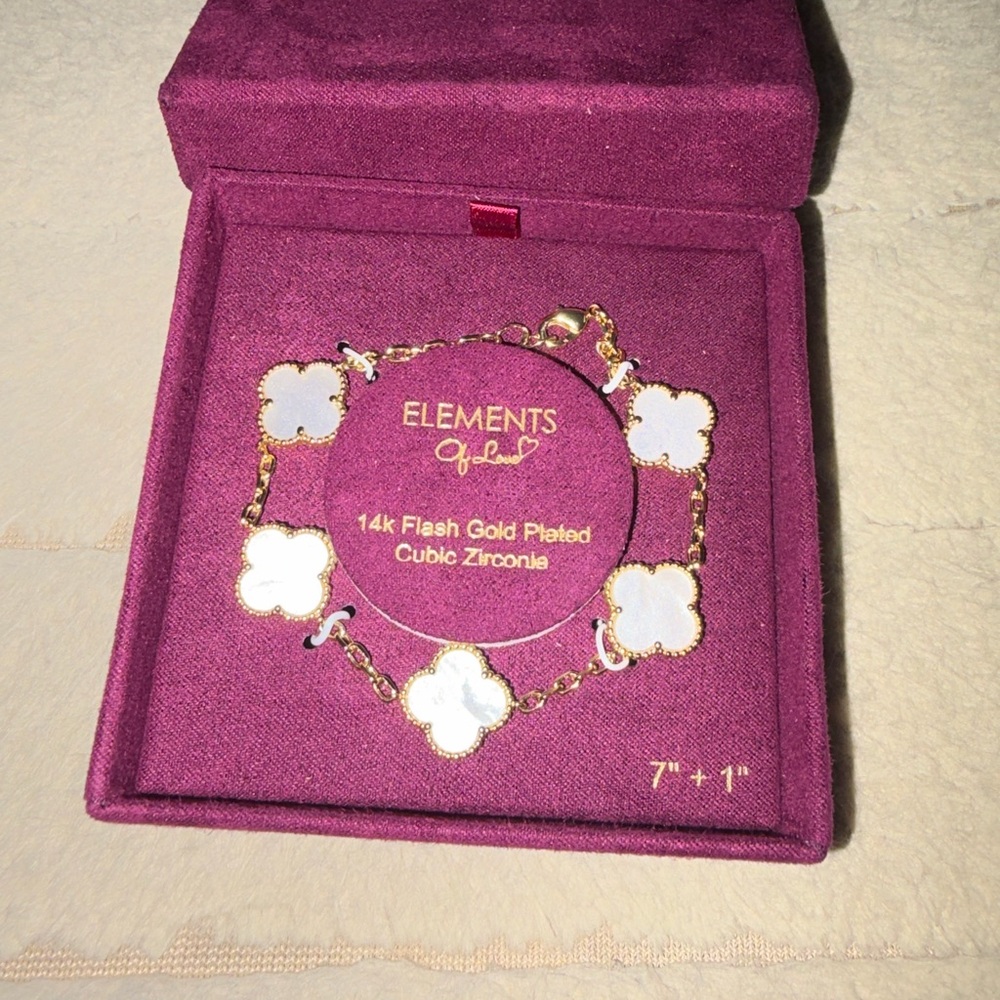 Elements of Love White mother of pearl 5 motif 14K Gold Plated Bracelet NIB